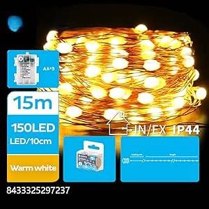 Guirnalda de luces LED de alambre de cobre, funciona con pilas 3AA, 15 m, blanco cálido; ideal para decoración y ambientación en - Product Image 1