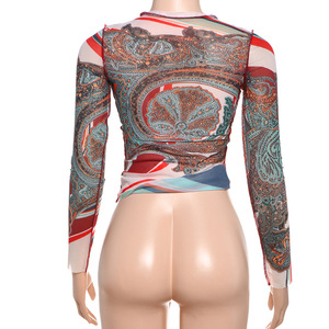 Top da <span class=keywords><strong>Donna</strong></span> in Rete Stampata Abbigliamento Sexy a Maniche Lunghe T-Shirt Aderente Trasparente Streetwear - Product Image 3