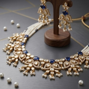 Traditional Blue Stone Kundan Necklace Gold Bridal Jewelry with Earrings Diamond Accents for Women Wedding Jewelry - Product Image 3
