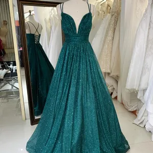 Gaun malam panjang Formal elegan kerah V gemerlap gaun prom hijau kustom 2023