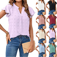 Atasan Wanita Musim Panas 2023 Gaya Eropa Amerika, Kerah V, Lengan Pendek Berlipit, Lengan Mengembang, Lucu, Bahan Poliester, Motif Polkadot, Model Flowy