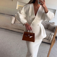 Nouvel ensemble élégant pour femme de style euro-américain : cardigan boutonné à manches bouffantes et jupe longue unie en polyester – Exportation