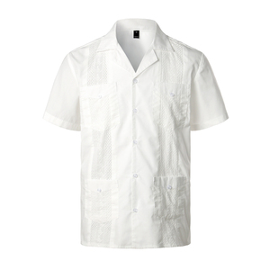 Venta al por mayor de los hombres Casual Chambray Pintuck Panel geométrico camisa de manga corta de popelina Chemise estilo mexicano cubano <span class=keywords><strong>Guayaberas</strong></span> - Product Image 5