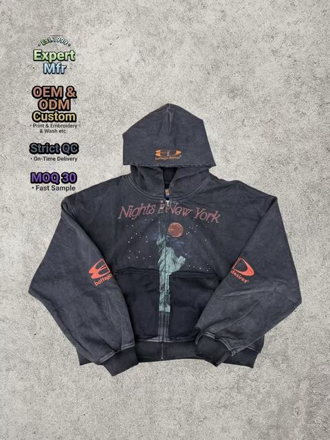 Distressed Acid Wash French Terry Hoodie with Graphic Print, Vintage Full Zip up Jacket for Streetwear Brands