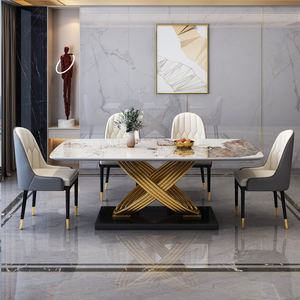 Ensemble de table et de chaises de salle à manger extensible rectangulaire en marbre moderne de luxe, 4 à <span class=keywords><strong>6</strong></span> <span class=keywords><strong>places</strong></span>, structure en métal, meubles de salle à manger noir or - Product Image 3