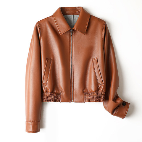 528 Sheepskin Yellow Brown Lapel Zipper Simple Style Short Women's Jacket 2026 New Product for New Products 2026