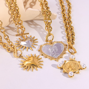 JUSNOVA kalung baja tahan karat 18K wanita, perhiasan Vintage lapis emas dengan liontin koin berbentuk bulat untuk hadiah acara - Product Image 3