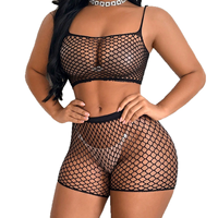 Ensemble de lingerie sexy en résille à fines bretelles pour femme, body exotique en maille transparente fendue