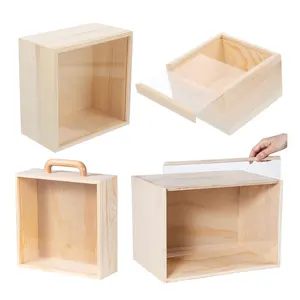 Scatola di imballaggio in legno di pino incompiuto di personalizzazione all'ingrosso, striscia di legno con acrilico trasparente/scatola scorrevole in vetro