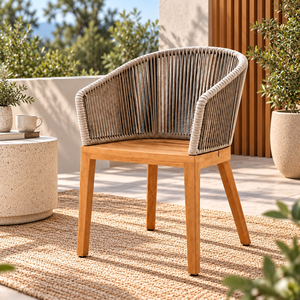 Chaise de jardin contemporaine en rotin avec structure en teck et pieds effilés, mobilier d'extérieur pour patio ou terrasse - Product Image 1
