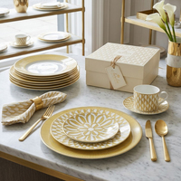 Service de table en céramique de luxe personnalisé, motif feuille dorée, assiettes en porcelaine à bord doré, vaisselle de table pour mariage et coffret cadeau