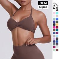 Soutien-gorge de yoga sexy dos nu, col halter, fines bretelles, côtelé, froncé, col en V, pour le sport et le fitness, logo personnalisé, marque privée