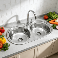 Évier de cuisine double en acier inoxydable à poser sur plan pour appartement et usage domestique, dimensions 850*450mm