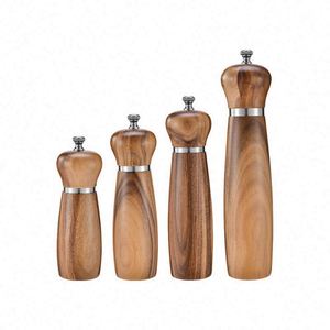 8 Inches Each Acacia Wood Salt <b>Pepper</b> <b>Grinder</b> Set with Wood Stand Hand Operated Adjustable Coarseness Modern Simple Design - Product Image 1