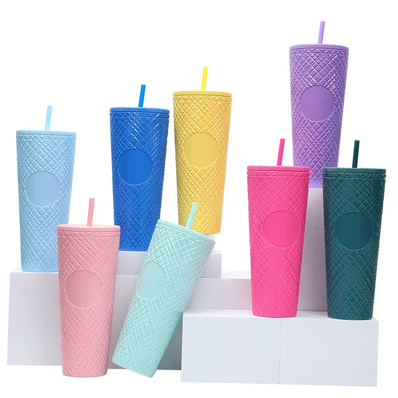 Özel Modern 710ml bardak 24oz yeniden kullanılabilir BPA içermeyen elmas çift duvar damızlık plastik pipetli bardak ve kapak