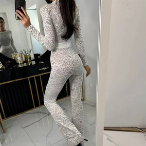 Women <b>Lace</b> Jumpsuit Long Sleeve Round Neck High Waist Party Wear FDL1170 - Product Image 2