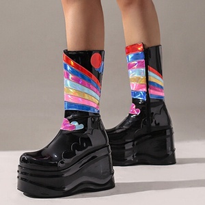 Color Print Fashion Side Zip Short Round Toe Thick Heel Shoes Wedges Women Half Knee High <b>Boots</b> Black Size 44 - Product Image 1