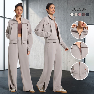 Ensemble de survêtement pour femme à manches longues, fermeture éclair, couleur unie, coupe décontractée ample avec poches latérales, col montant et ourlet fendu - Product Image 3
