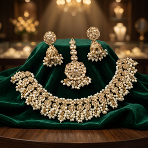 Indian Traditional Pearl Kundan Necklace <b>Set</b> Antique Gold Plated Bridal Choker Necklace with Jhumka Earrings and Maang Tikka <b>Set</b> - Product Image 3