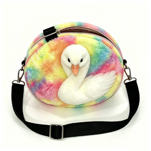 Custom Round 3D <b>White</b> Swan Plush Shoulder Purse with PP Cotton Filling Cute Animal Themed Crossbody <b>Handbag</b> for Halloween Unisex - Product Image 1