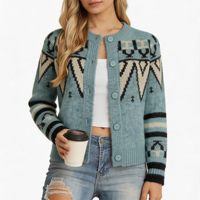 Damen-Strickjacke mit Rundhalsausschnitt, Ethnischer Geometrischer Jacquard, Einreihig, Gestreifte Manschetten, Kurz Geschnitten, Lange Ärmel, Offene Vorderseite