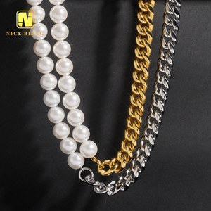 Delicado collar de perlas pulseras 18K chapado en oro cadenas de acero inoxidable media perla medio collar de eslabones cubanos para hombres y <span class=keywords><strong>mujeres</strong></span> - Product Image 2