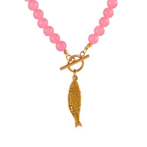 Colorful Glass <b>Beaded</b> Stainless Steel OT Clasp Gold Fish Charm Statement Necklace Women Jewelry - Product Image 6