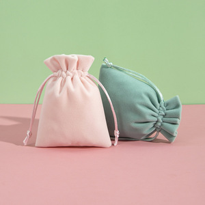 Plush <b>Drawstring</b> Bag 8x10cm Jewelry Packaging Bracelet Bangle Storage Gift <b>Pouch</b> Pink Green White Off White Rectangular Fabric - Product Image 1