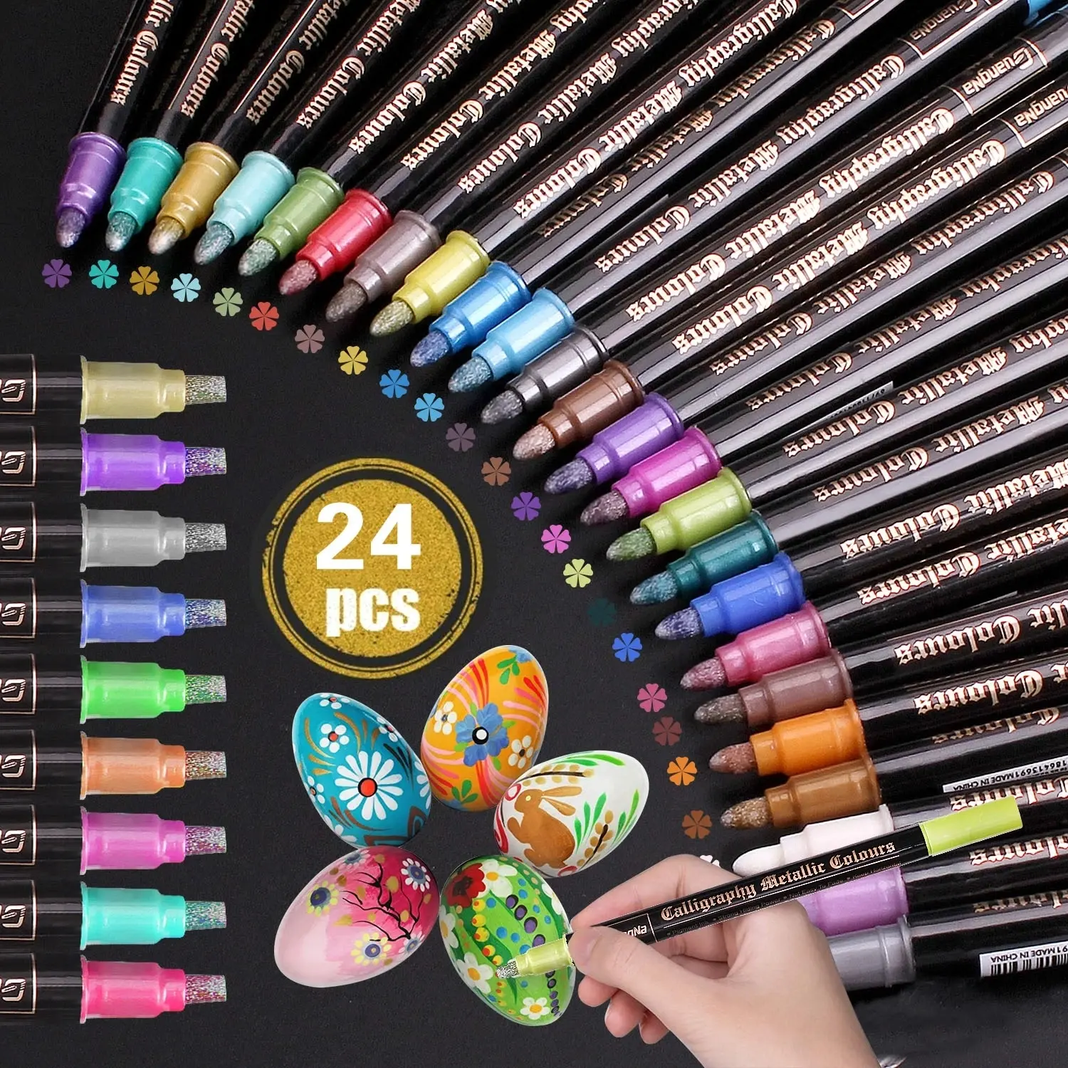 12/24 Cores Tinta Metálica Marcadores Canetas Rodada/cinzel Dupla Ponta Glitter Doodle Dazzle Desenho Canetas para Easter Egg Stone Art Pen