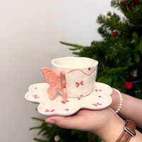 Tasses à café et soucoupes en céramique faites à la main, ensemble de tasses à thé et à lait en céramique irrégulière, tasse à café avec poignée en forme de papillon