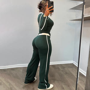 カスタムカジュアルパッチワーク2ピースセット女性用トラックスーツコントラストVネッククロップトップロングパンツマッチングスポーティクラシック衣装 - Product Image 4