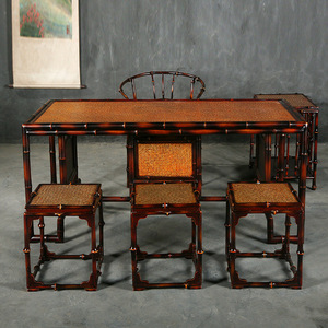 Chinese Style Lacquered <b>Bamboo</b> Woven Tea Table And Chair Set 4 Piece Antique Design For Tea Room Or Dining Room - Product Image 5