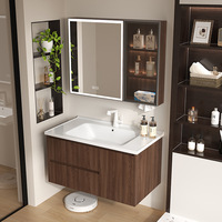 Meuble-lavabo de salle de bain en aluminium nid d'abeille couleur noyer profond, double tiroir, porte simple, armoire miroir LED intelligente, porte-serviettes, robinet blanc mat