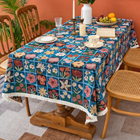 Nappe de table jacquard à motifs floraux artistiques, colorée et variée, avec pompons, pour la décoration de cottages, cafés et maisons