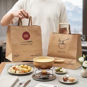 Custom <b>Made</b> Eco-Friendly Disposable Recyclable Kraft <b>Paper</b> Takeout Bag Your Own Logo for Restaurant Noodle Food - Product Image 3