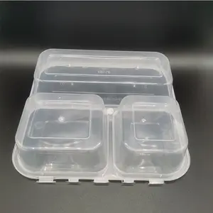 Custom Take Away Lunch Box Disposable Clear Food Plastic 3 Division Portion Compartment Container With Hinged Lid