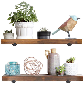 מדף קיר צף מעץ מלא בסגנון כפרי תעשייתי עם תושבות צינורות, נירוסטה, רב תכליתי לאחסון בחדר אמבטיה - Product Image 1