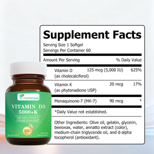 Gélules de Vitamine D3 5000 UI à libération lente avec Menaquinone-7 et Vitamine D pour la santé osseuse et la fonction immunitaire – Vente directe usine - Product Image 2