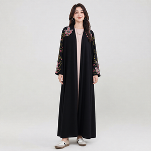 <span class=keywords><strong>Abaya</strong></span> en <span class=keywords><strong>lin</strong></span> noir brodée de fleurs, ouverte sur le devant, douce, pour femmes musulmanes, tenue modeste quotidienne - Product Image 1
