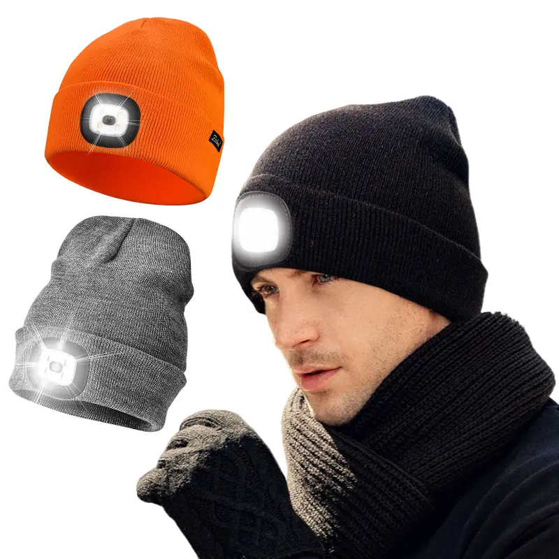 Wholesale Amazon Hot Sales Rechargeable Flashlight LED Headlamp Winter Knit Lighted Headlight Hat