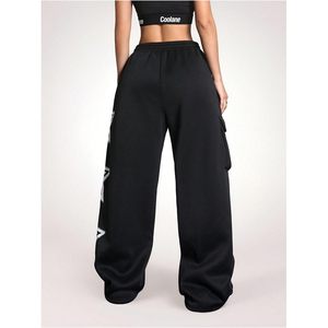 Pantalon cargo ample Y2K pour femme, imprimé étoiles, avec cordon de serrage, taille élastique, jambe large, doublure polaire - Product Image 2
