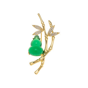 MUYU Fu Lu Bamboo Brooch Green Jade Gold Women's Cheongsam Accessory Party Decorative Pin - Product Image 5