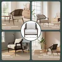 Fauteuil d'appoint en bois de frêne massif avec dossier en rotin naturel et tissu polyester effet lin pour salon