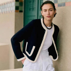 Cárdigan Corto de Mujer, Estilo Francés, Primavera, Nuevo, Color Block, Bolsillo, Botón Único, Cuello en V, Elegante, Mezcla de Lana Suave - Product Image 4