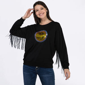 Polaire paillettes <span class=keywords><strong>brillant</strong></span> <span class=keywords><strong>noir</strong></span> côtelé <span class=keywords><strong>pull</strong></span> à col rond sourire frange automne hiver Logo chandails sweat personnalisé <span class=keywords><strong>pull</strong></span> à capuche - Product Image 3