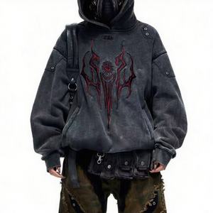 Sweat à capuche ample personnalisé en coton lourd lavé et brodé, motif rayé, style cyberpunk, pour homme, idéal pour l'hiver - Product Image 1