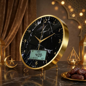 <span class=keywords><strong>Reloj</strong></span> <span class=keywords><strong>Digital</strong></span> Azan <span class=keywords><strong>de</strong></span> Aleación <span class=keywords><strong>de</strong></span> Aluminio, Calendario Hijri LCD, Temperatura, Soporte y Montaje en Pared para Hogar, Oficina, Diseño en Mármol Negro y Dorado - Product Image 4