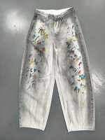 Jeans Hip Hop pour Homme, Gris Dégradé, Blanc, Multicolore, Imprimé Graffiti Effet Encre Éclaboussée, Coupe Ample et Baggy, Jambe Cylindrique, Denim Streetwear pour Homme