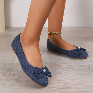 Zapatos Planos de Mezclilla con Lazo y Perlas para Mujer, Suela Suave, Estilo Bailarina, Casuales para el Día a Día, Punta Redonda, Cómodos - Product Image 1