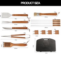 Ensemble d'accessoires de barbecue en acier inoxydable 18 pièces avec boîte de rangement, pince à manche en bois, spatule, fourchette, brosse, pour camping et barbecue en extérieur